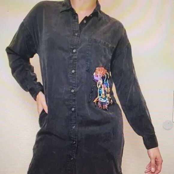 Zara Basic Black Denim Shirt Dress with embellished face detail on front S - Picture 2 of 9